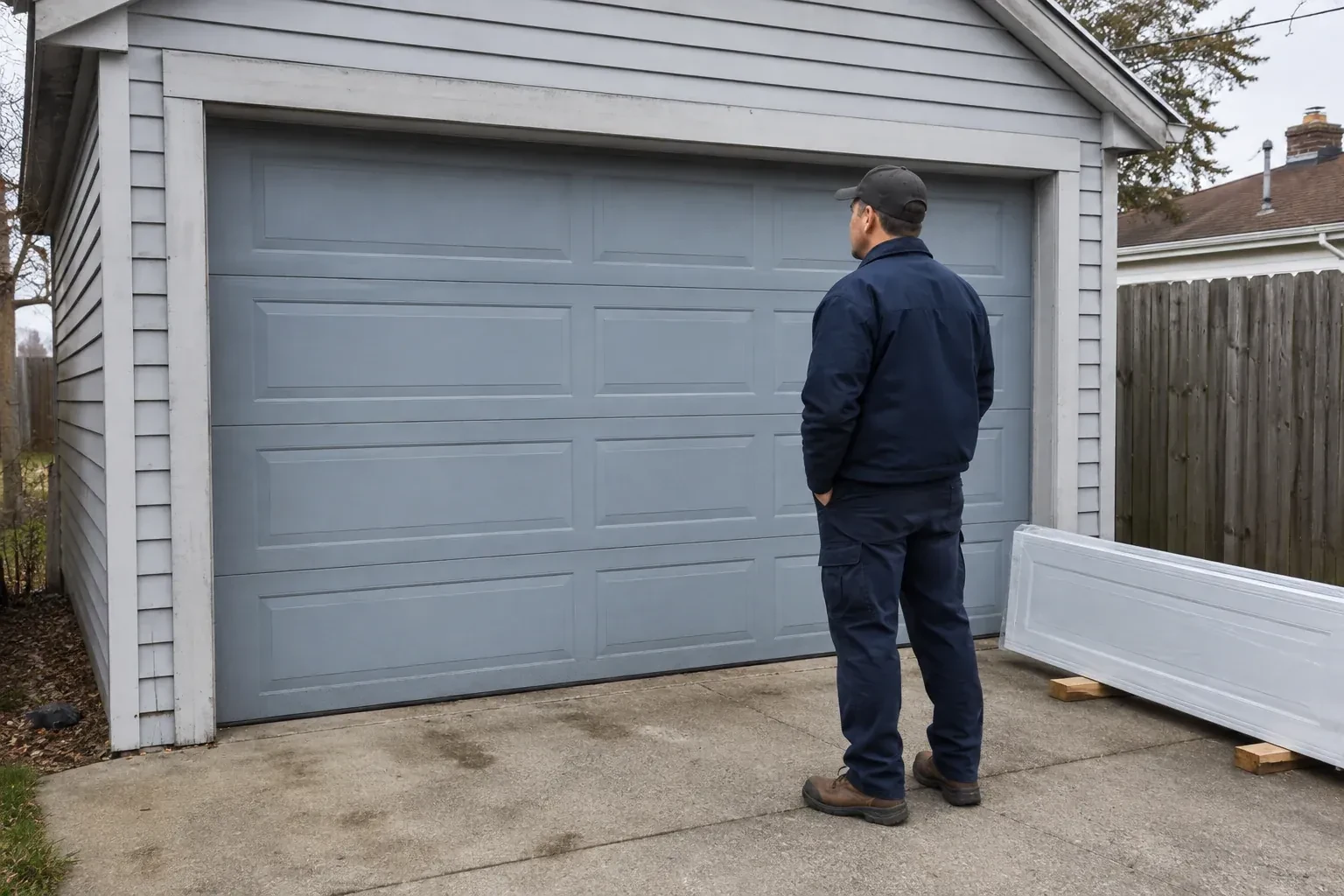 A person examines a blue-grey sectional garage door with a packaged door panel resting beside the driveway. — Sectional Garage Door Replacement, Peterborough