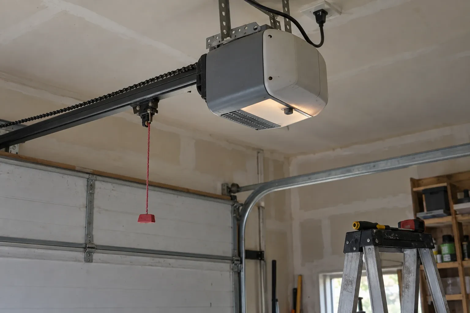 Chain-drive opener hanging from the ceiling with a lit lamp lens and a red pull cord, above a gray door and ladder. — Greenhill