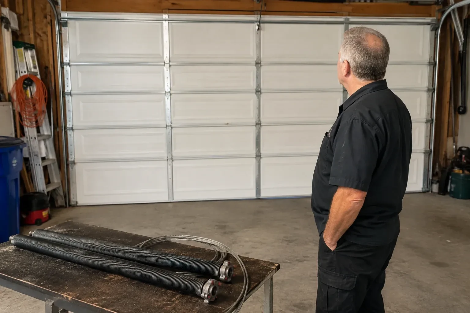 Detached coil springs with end fittings and a cable rest on a bench in front of a closed garage door. — Torsion Spring Replacement, Peterborough