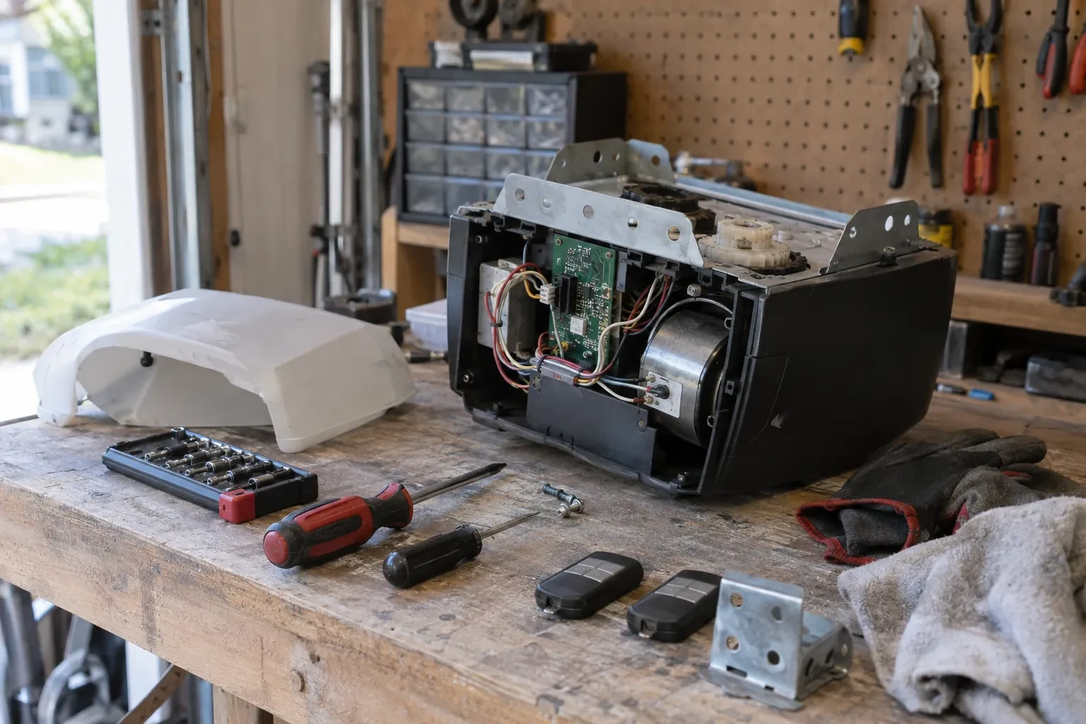 Opened garage-door opener motor with a green circuit board on a workbench beside its white cover, two remotes and screwdrivers. — Cavan Monaghan