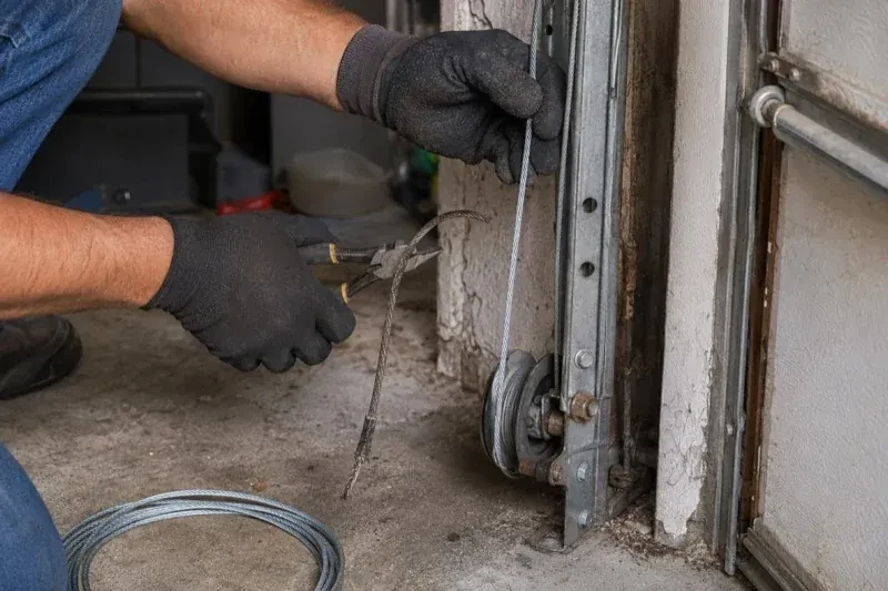 Gloved hands holding a bright cable and pliers gripping a frayed cable beside a garage-door track and pulley. — Garage Door Cable Replacement, Peterborough