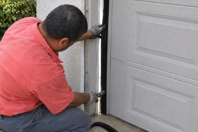 Gloved person holding a black strip along the side of a sectional garage-door opening — Garage Door Perimeter Weatherstrip, Westmount