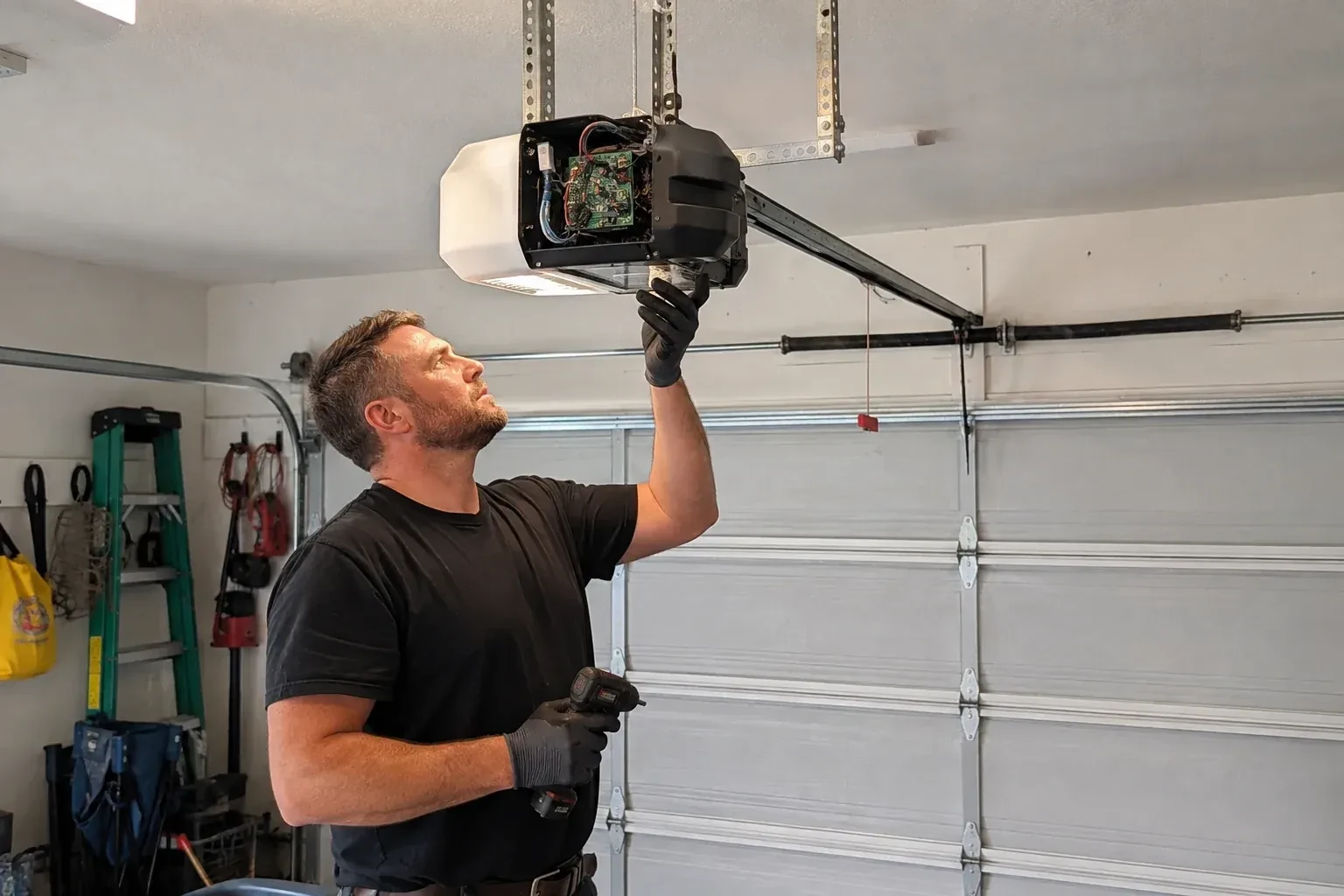 Gloved technician holding a drill and reaching up to an opener housing opened to show a green circuit board. — Belt-Drive Opener Repair, Peterborough