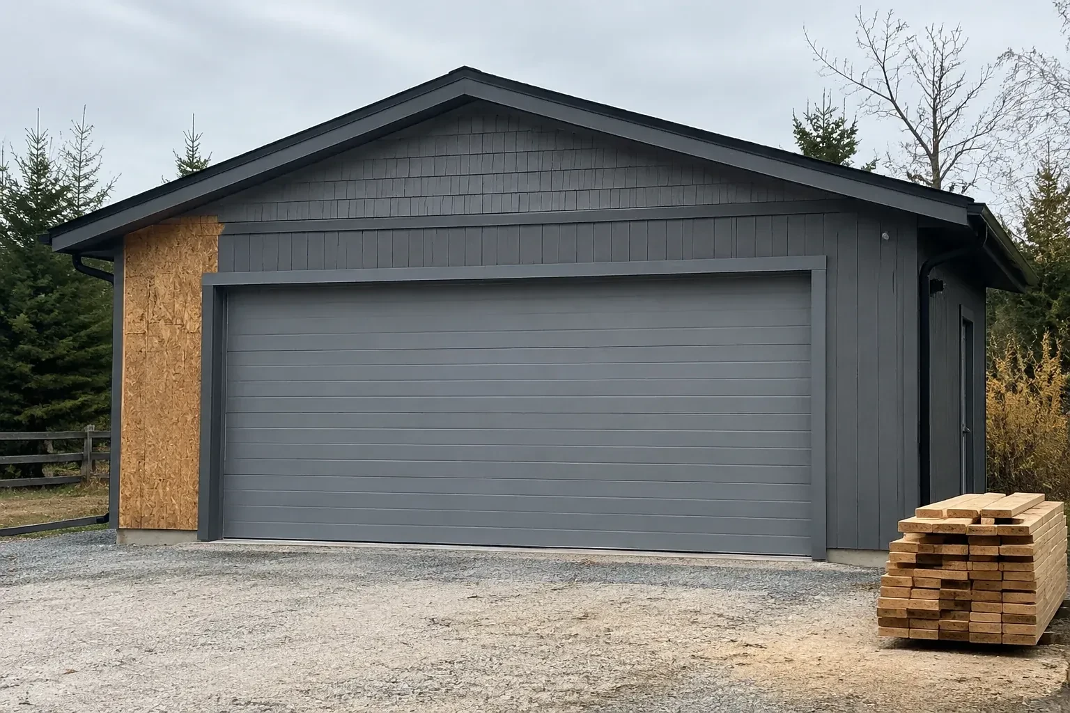 Closed grey garage door on a partly finished building beside stacked lumber. — New-Construction Garage Door Installation, Peterborough