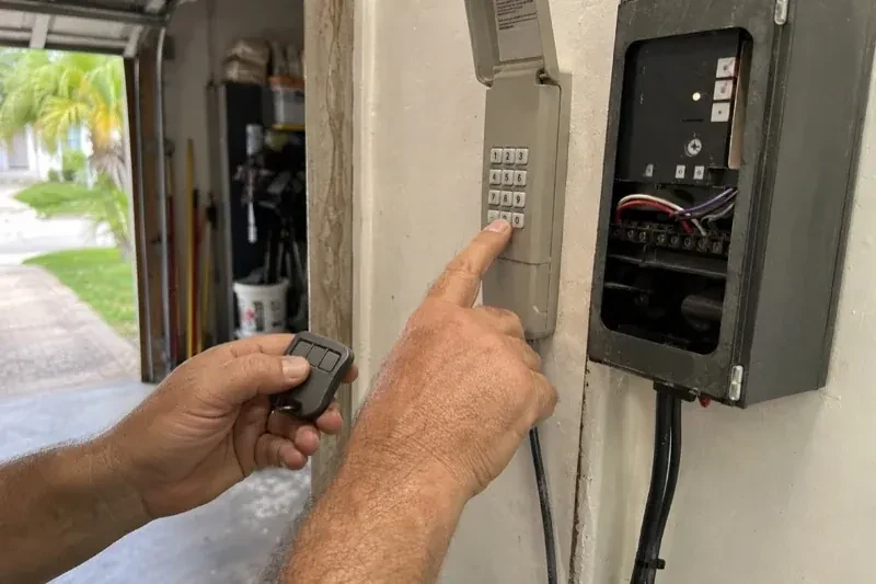 Hands holding a small remote and pressing a wall-mounted keypad beside an open control box with visible wiring. — Garage Door Remote and Keypad Programming, Peterborough