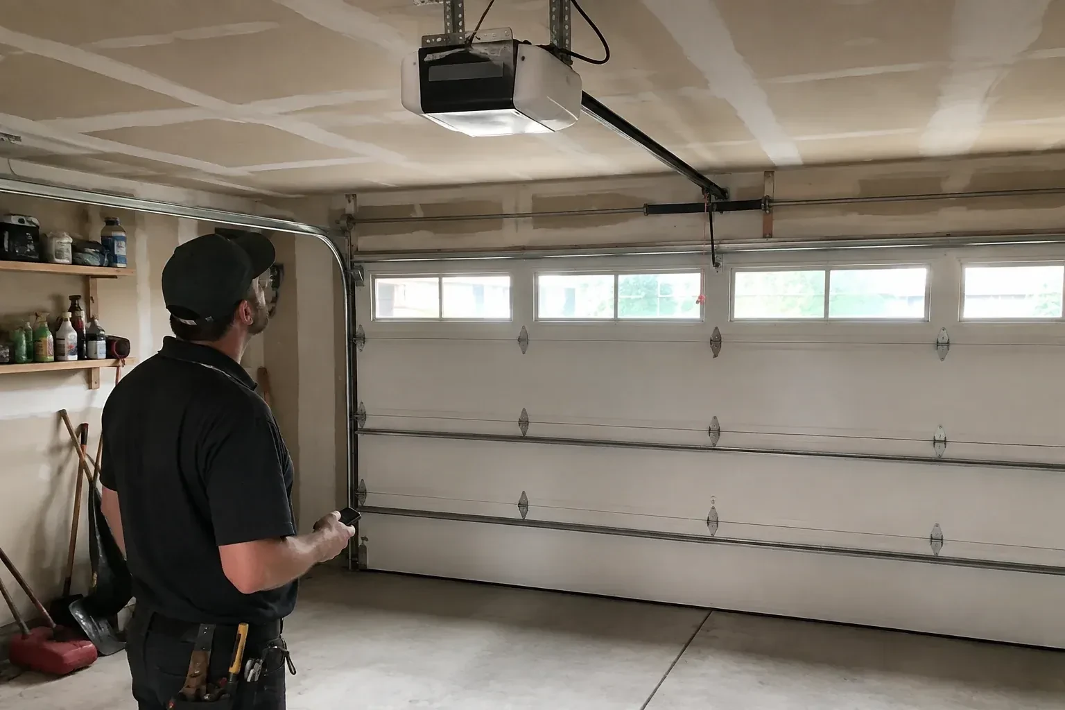 A person looks at an overhead opener above a closed garage door with a row of windows. — Garage Door Opener Replacement, Peterborough