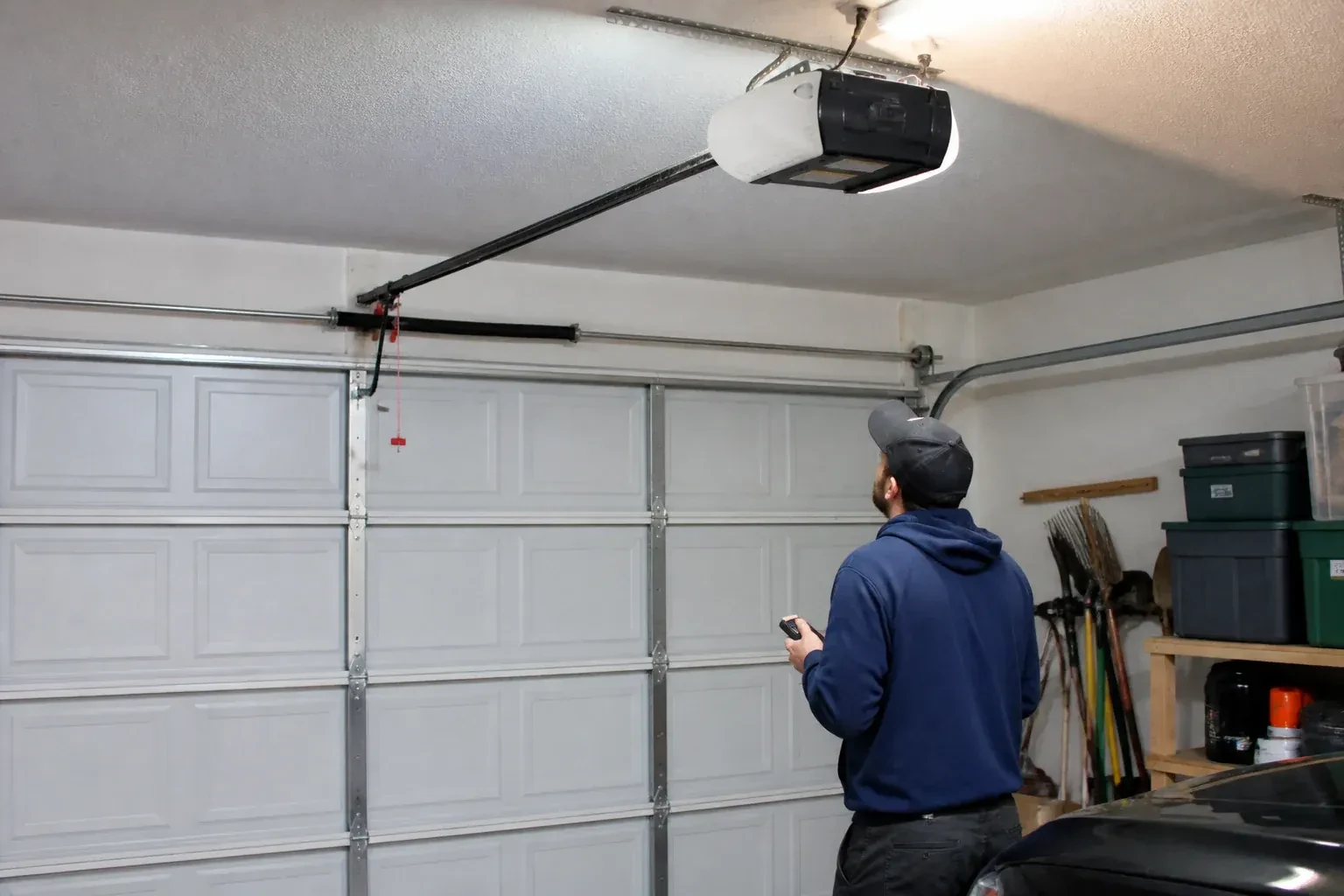 A person holding a remote looks toward an overhead garage-door opener and rail. — Garage Door Opener Diagnosis and Repair, Peterborough