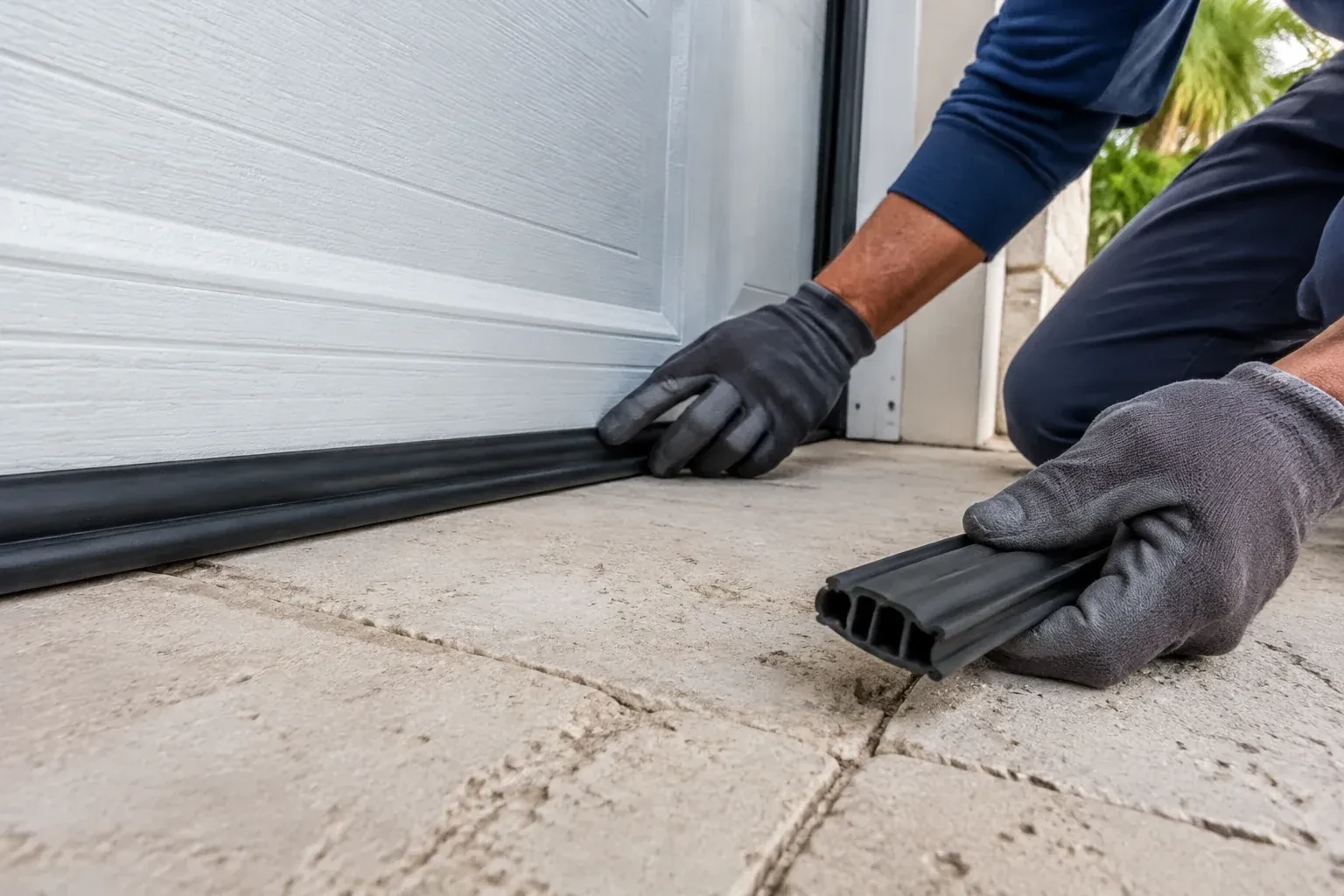 Gloved hands setting a black rubber seal along the base of a white garage door, holding a ribbed strip over paving stones. — Garage Door Bottom Seal Replacement, Ashburnham