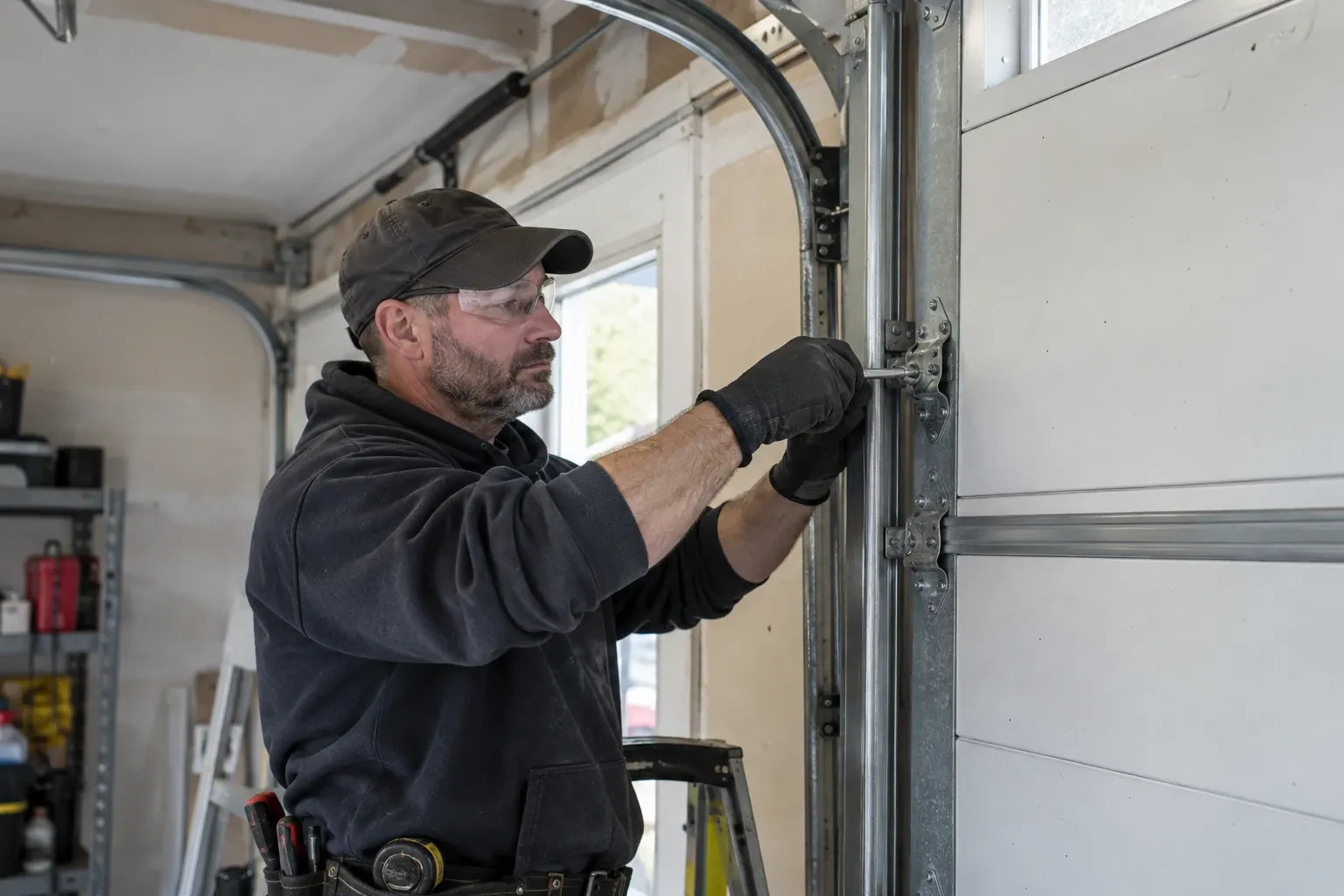 Technician in a dark cap and safety glasses holding a small metal tool against a hinge bracket on the vertical door track.