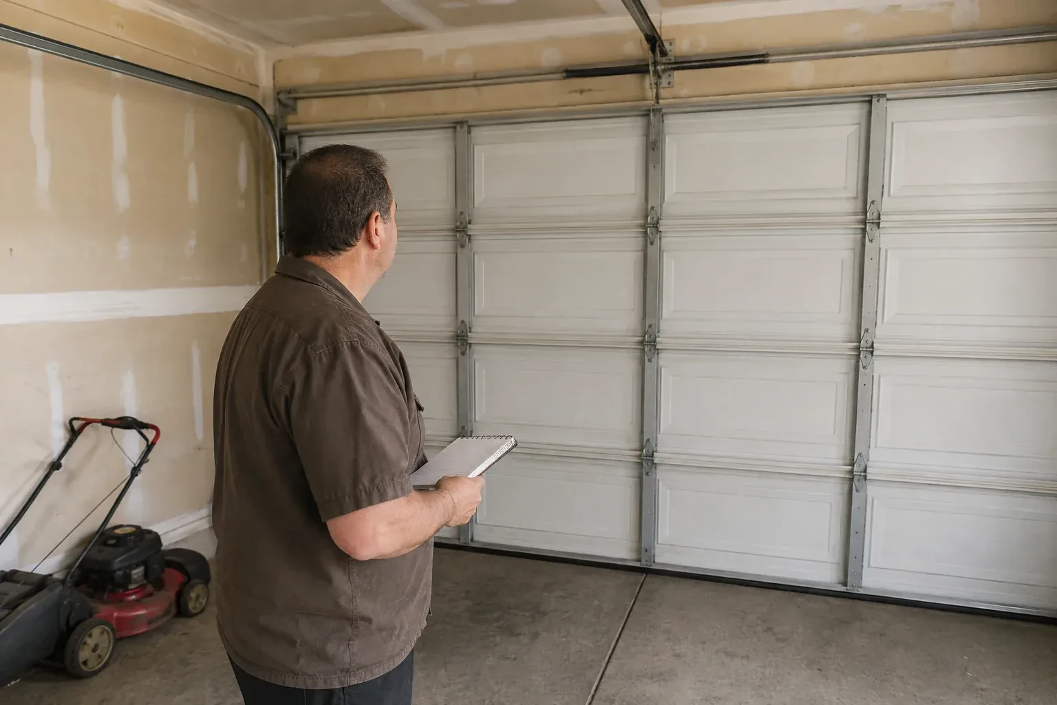 Technician holding a notebook while looking at a closed sectional door. — Garage Door Balance Adjustment, Claraday