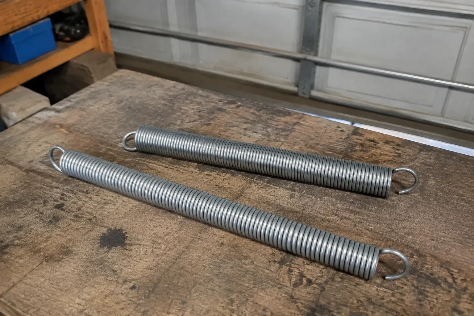Two detached extension springs with hooked ends on a garage bench. — Extension Spring Replacement, Peterborough