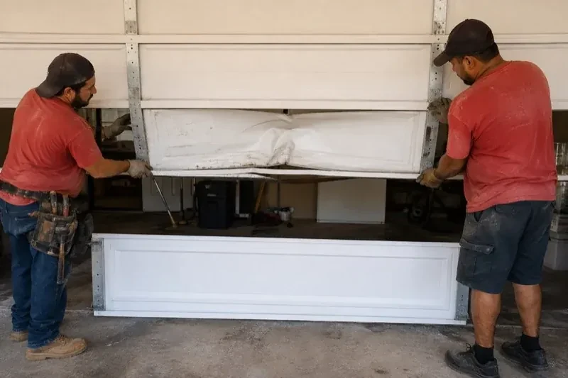 Two people holding a dented lower garage-door section above a separate white panel resting on the ground. — Garage Door Panel Replacement, Westmount