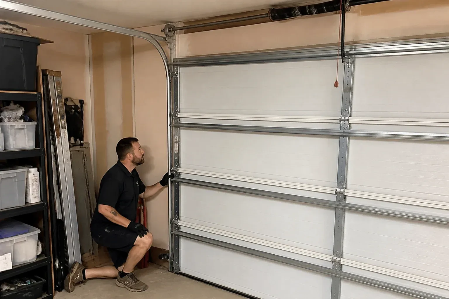 A person examines the vertical side track of a closed garage door. — Garage Door Track Repair or Replacement, Peterborough