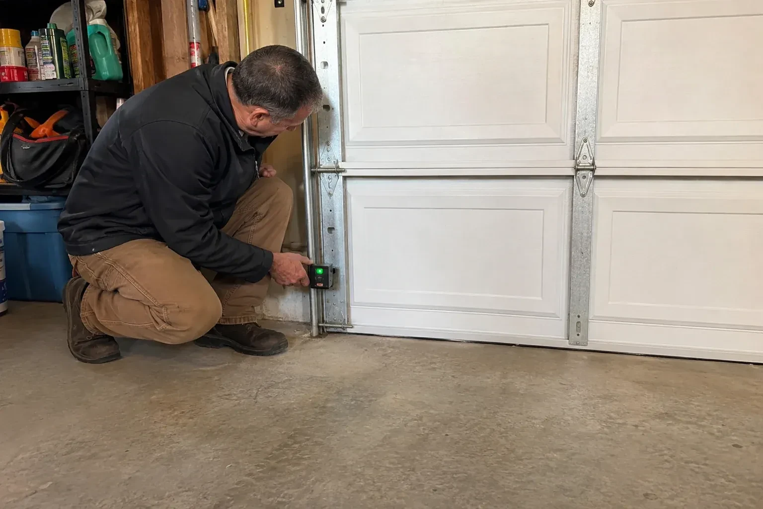 Technician kneeling beside a white paneled garage door, holding a small black box with a green light against the vertical track. — Photo-Eye Sensor Alignment or Replacement, Peterborough
