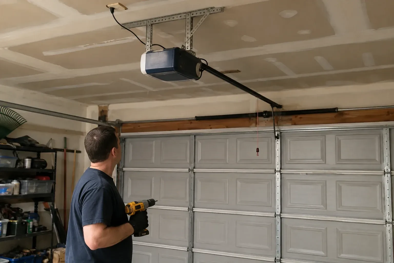 Person holding a yellow drill and looking up at a blue and white opener above a gray paneled garage door. — Chain-Drive Opener Repair, Peterborough